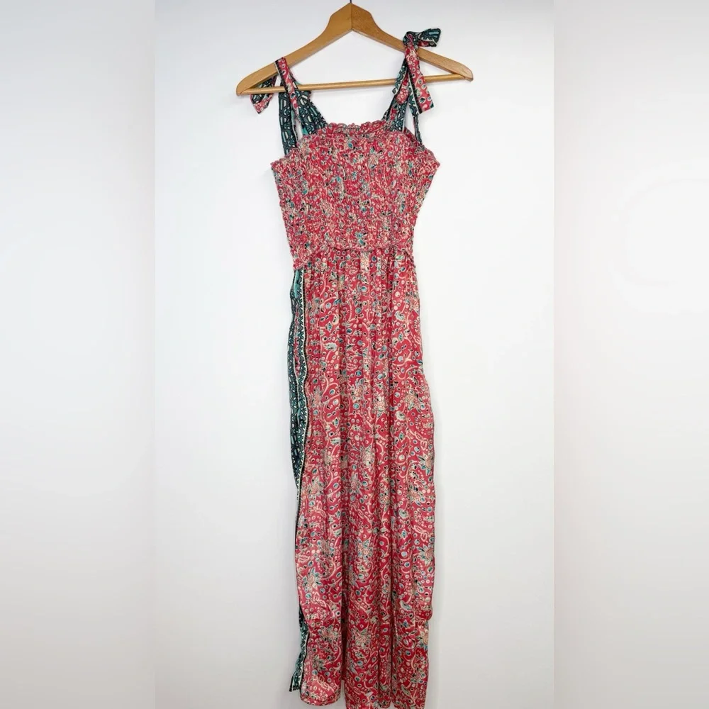 Karma Highway Smocked‎ Bust Tie Strap Jumpsuit Red Teal Print One Size
